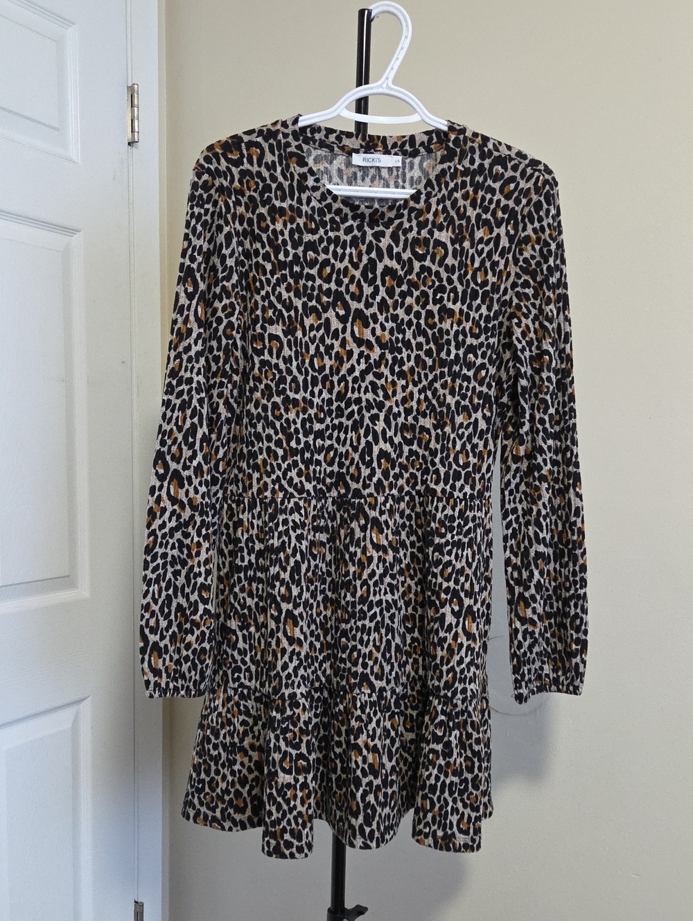 Ricki's Leopard Print Long Sleeve Tiered Dress - Black, Brown, Cream